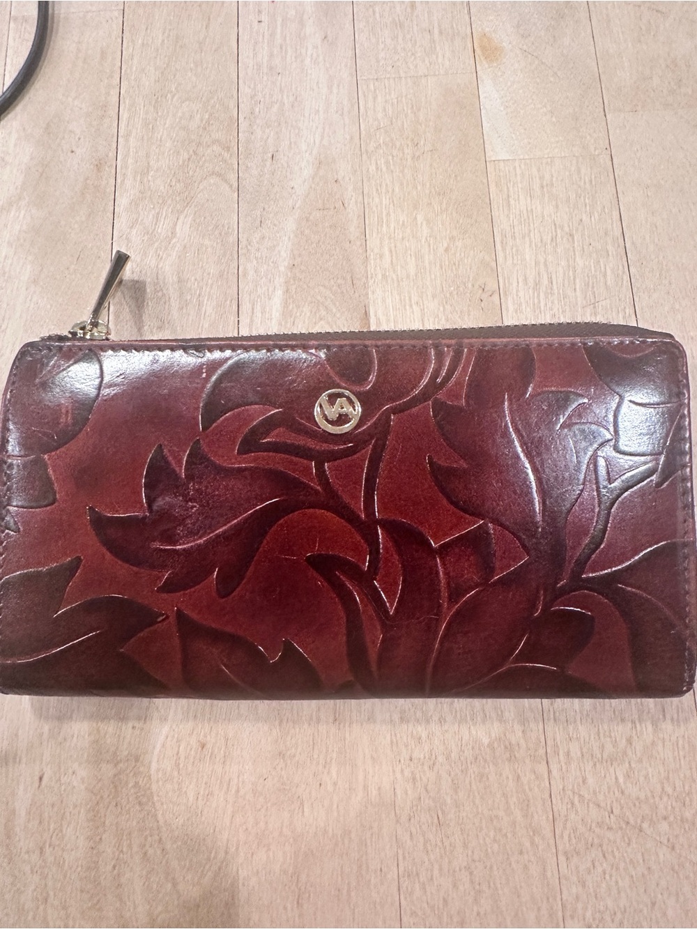 Valentino Embossed Floral Leather Zip Wallet in Deep Burgundy